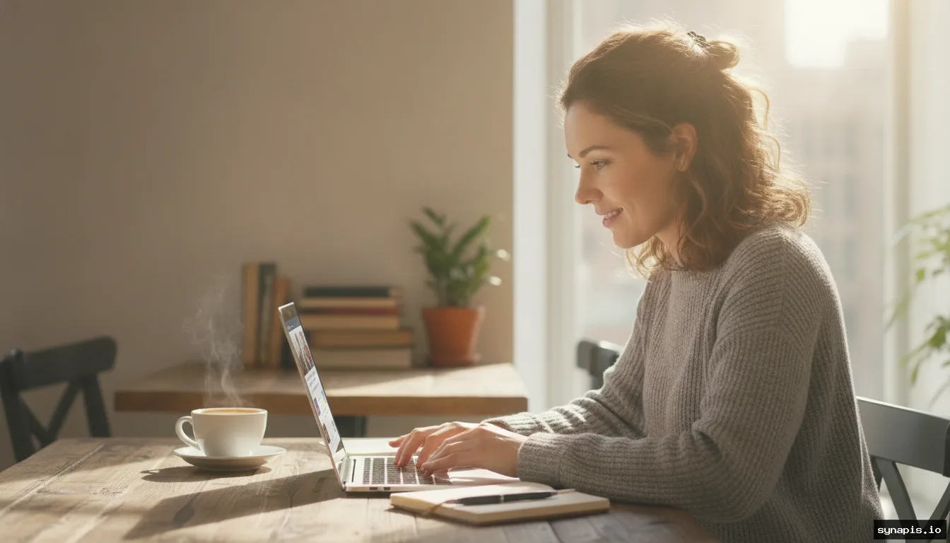 Small business owner scheduling social media posts on a laptop in a cozy café