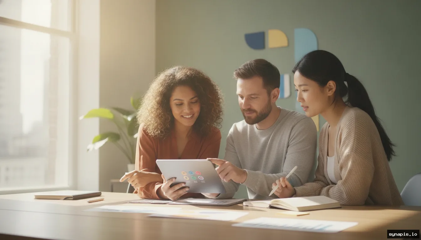Small team reviewing social media post analytics on a tablet in an office