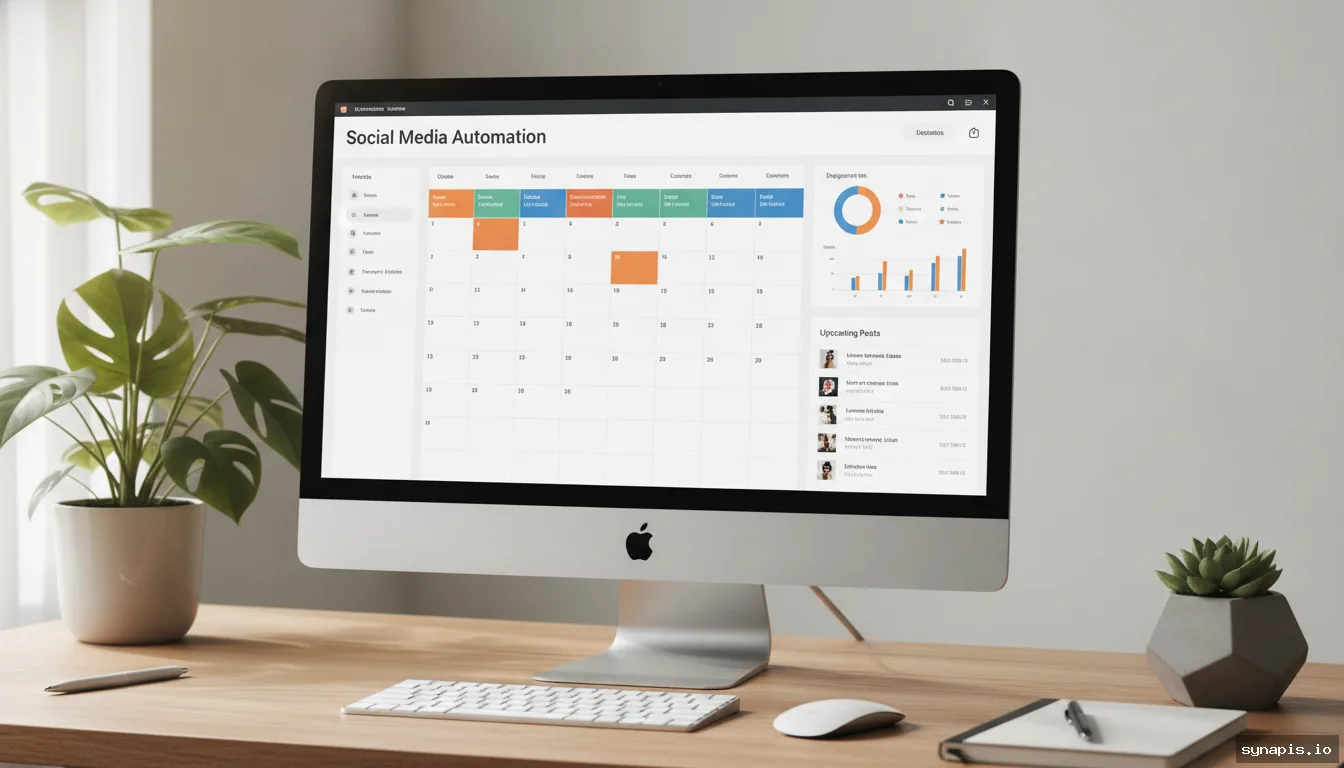Social media automation dashboard with scheduled posts and analytics on a computer screen