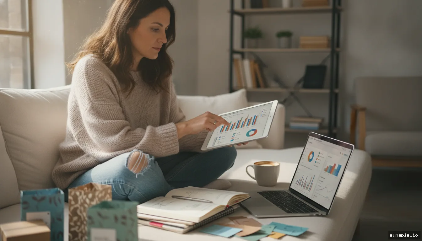 Social media manager reviewing analytics for online store campaigns on multiple devices