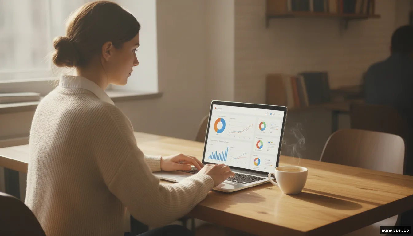 Social media manager reviewing engagement metrics on laptop with coffee