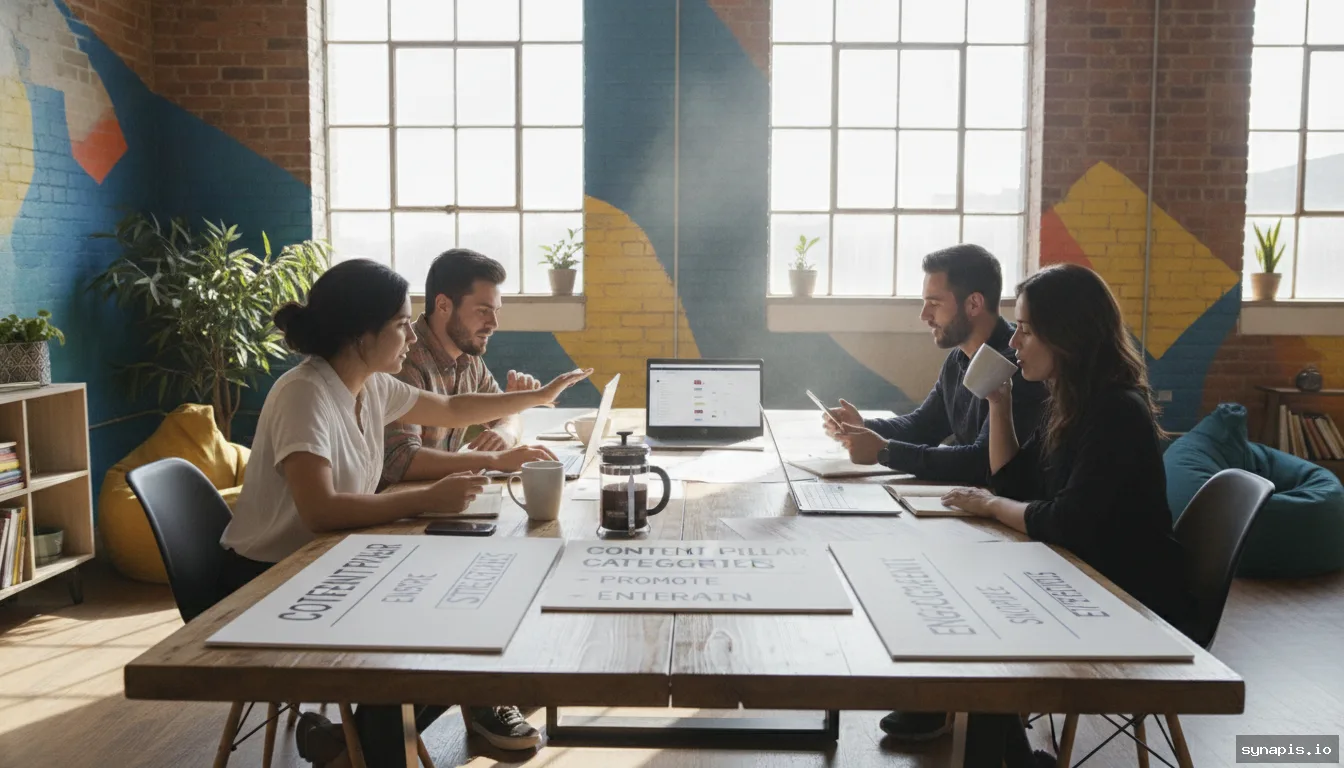 Social media managers brainstorming content pillars together in a creative workspace