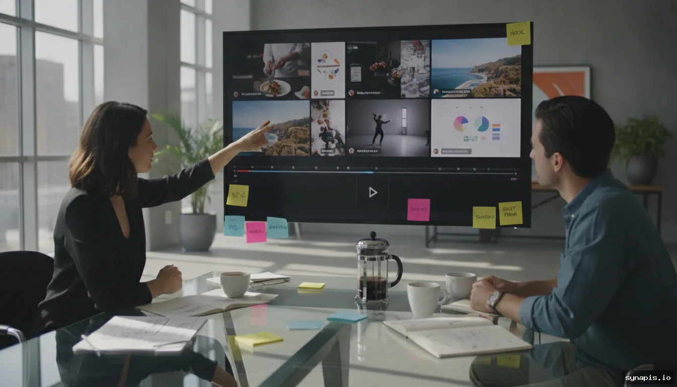 Team collaborating on AI-driven content repurposing in a workspace