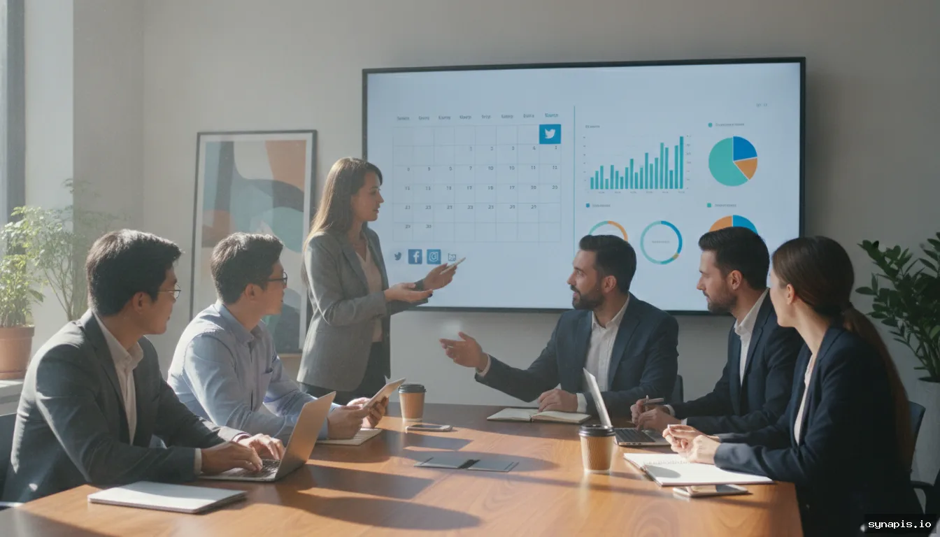 Team collaborating on scheduling LinkedIn posts using a digital calendar and analytics dashboard
