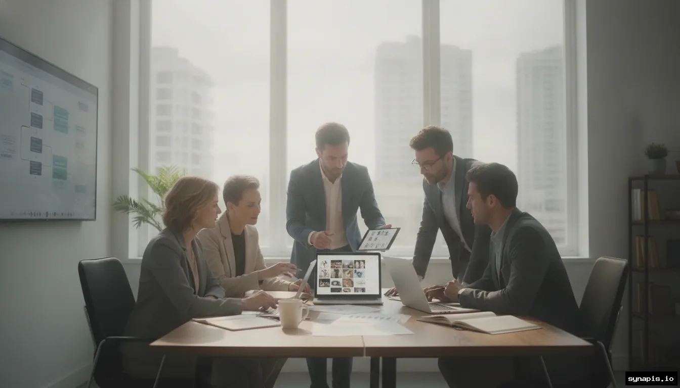Team collaborating on social media content approval in a modern office with digital screens