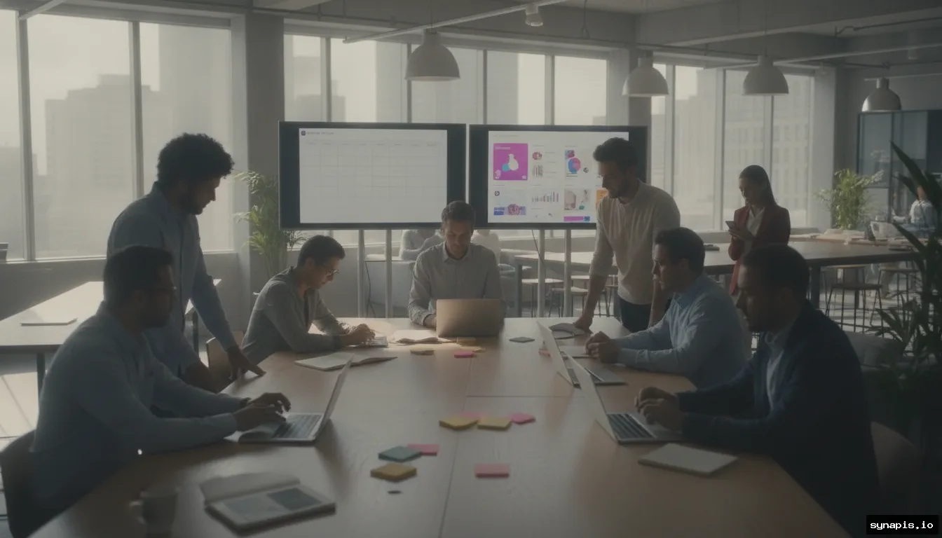 team collaborating on social media workflow planning with digital screens