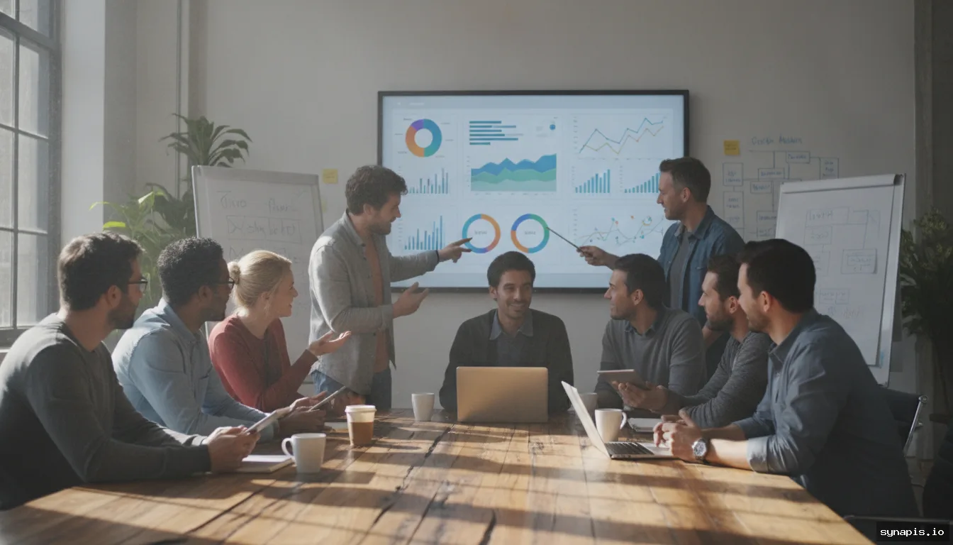 Team collaborating over social media analytics dashboard