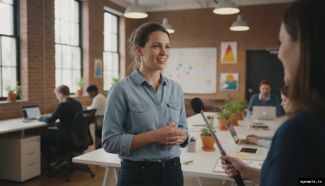 Team member being interviewed on camera for an Instagram post in a creative office