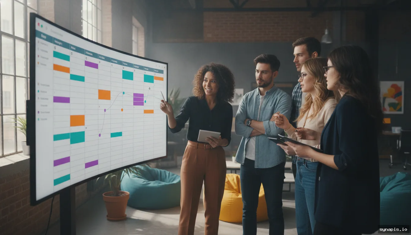 Team of marketers reviewing a multi-platform social media calendar on a large monitor