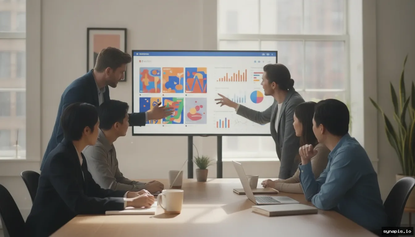 Team reviewing AI-generated social media designs and analytics on a large screen, advanced features and charts visible, collaborative setting