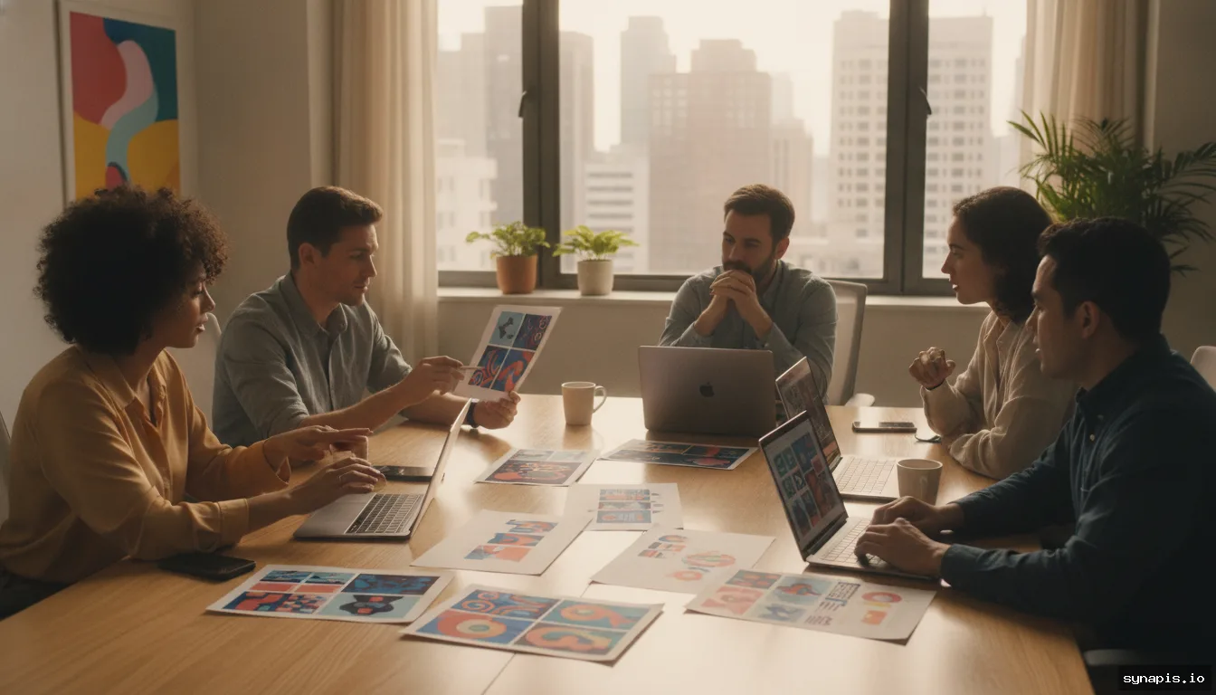 Team reviewing AI-generated social media images and branded visual assets in a creative meeting room.