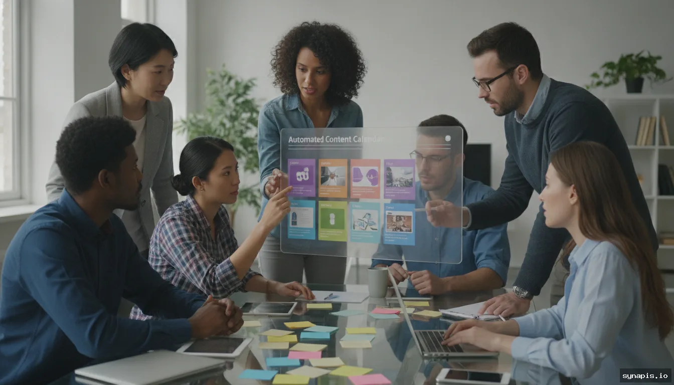 Team reviewing an automated content calendar on a large screen