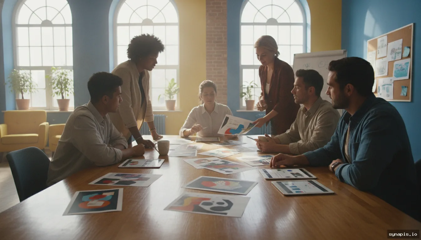 Team reviewing brand visuals and AI-generated captions on tablets and paper printouts around a meeting table