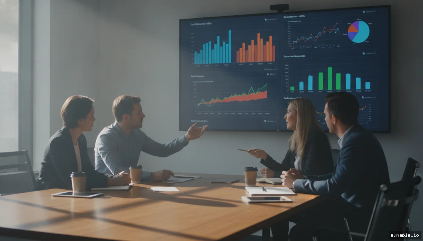 Team reviewing Hootsuite analytics and social media reports on a large screen
