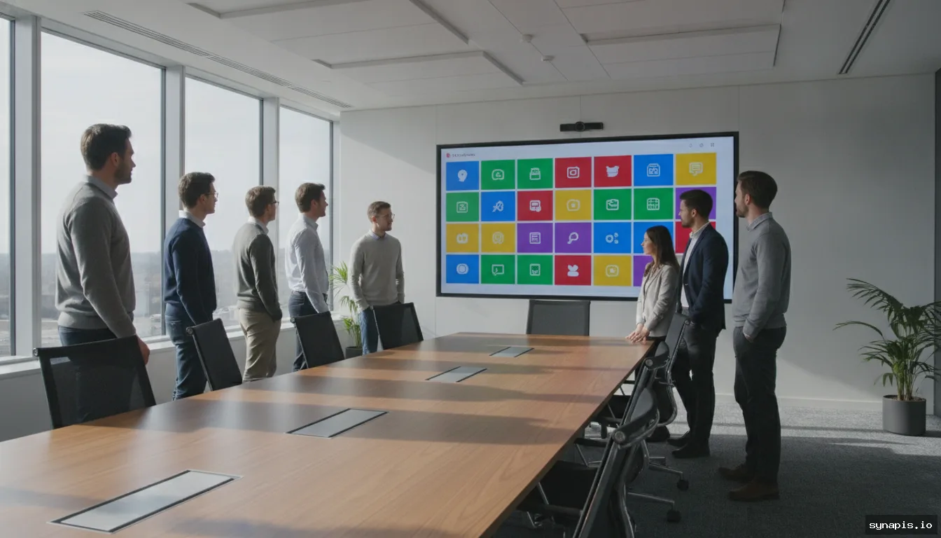 Team reviewing social media content calendar on a large wall screen