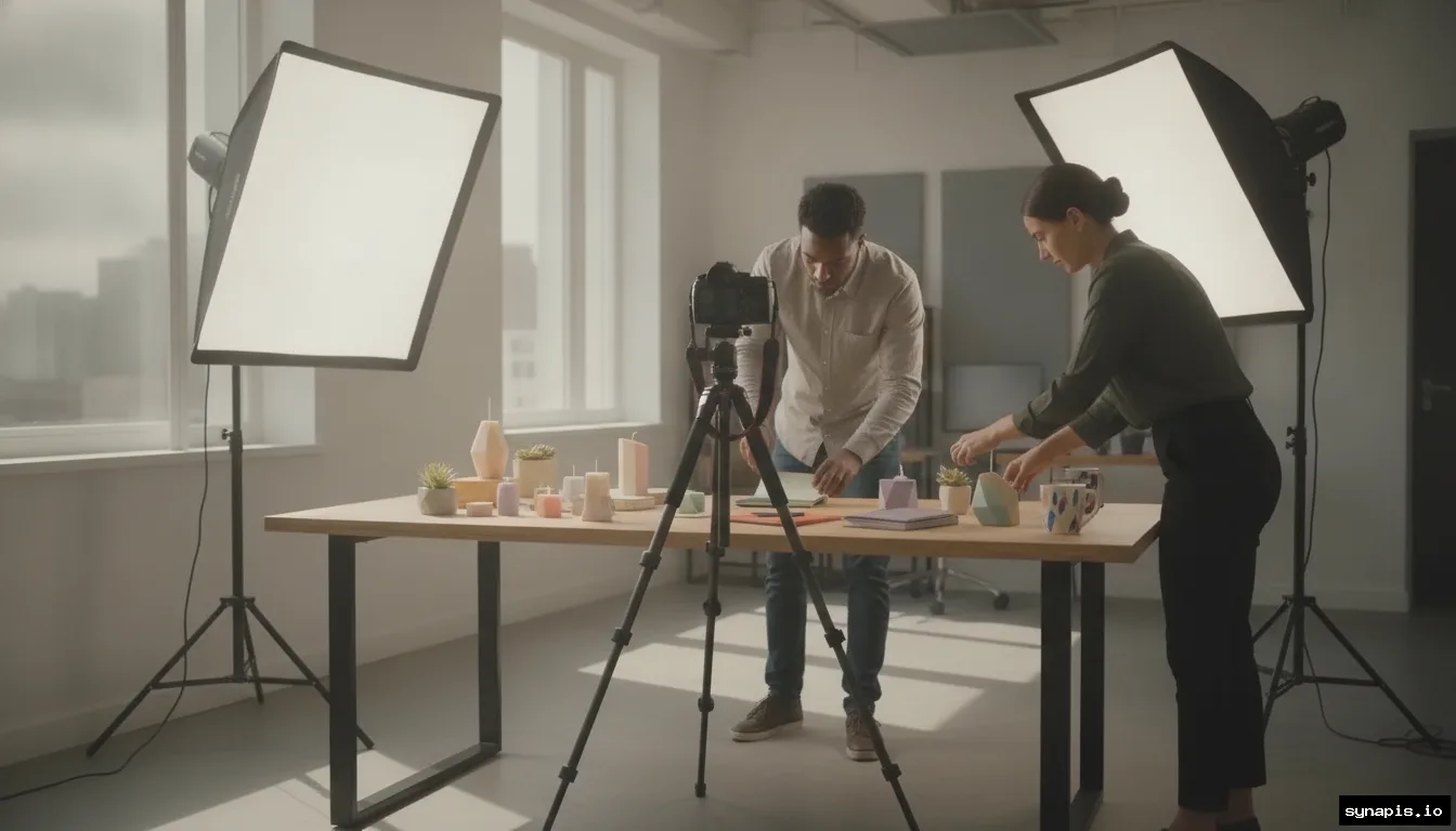 Vibrant product photo shoot setup with camera, lighting, and colorful props